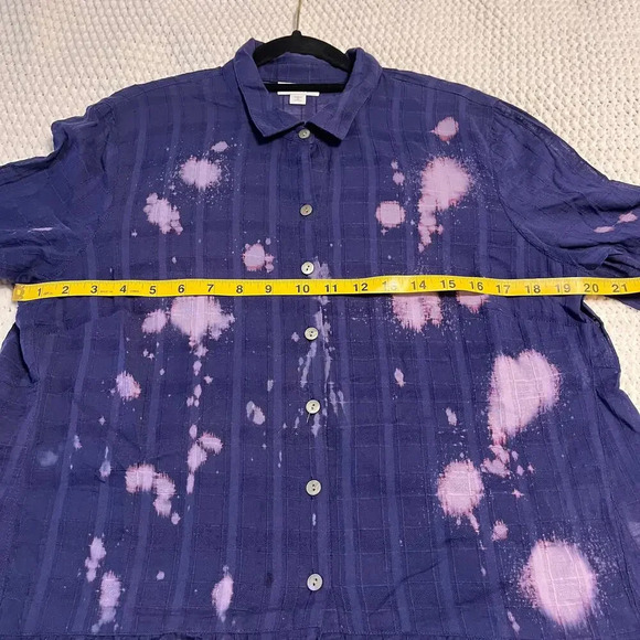 JJill Tunic Blouse Button Up Shirt Purple Blue Size Medium Petite Bleach Tie Dye - Picture 8 of 8